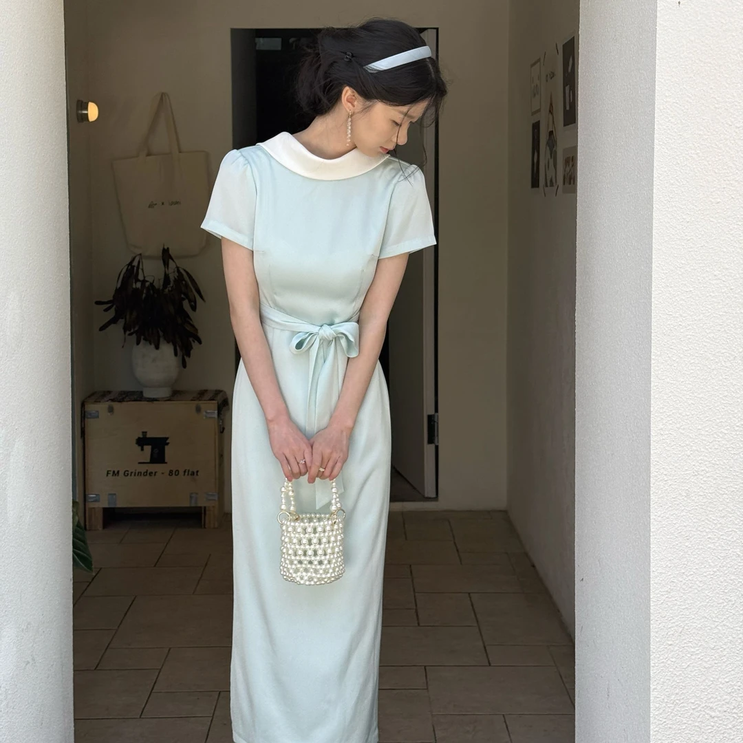 风与熏/玉琢 翻领拼色连衣裙背后反领高品质醋酸混纺棉里长开叉裙