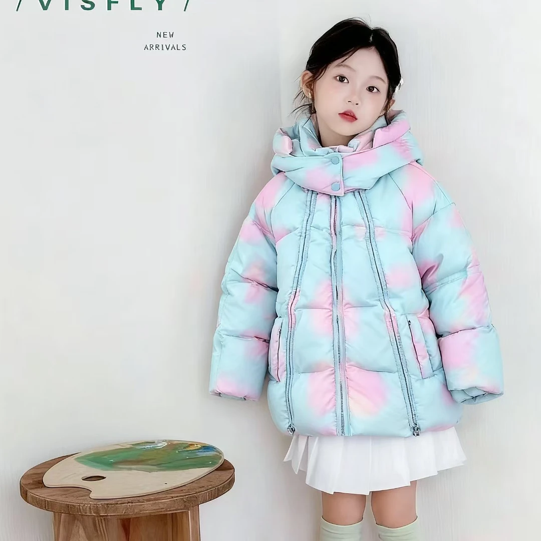 W6 女童儿童冬季加厚棉衣棉服撞色连帽拉链外套厚大衣炫彩上衣