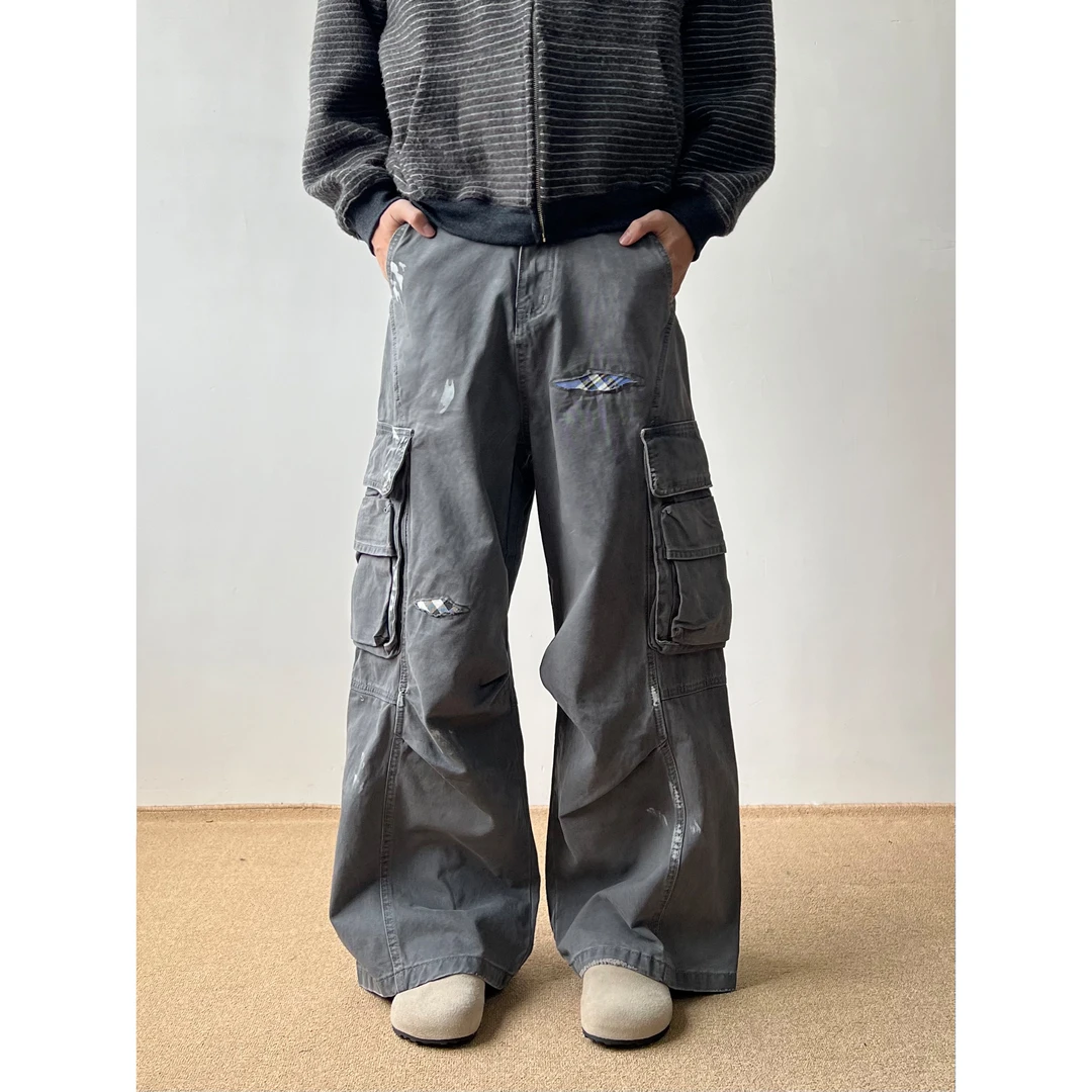 美式复古做旧工装裤泼墨涂鸦拼接灰色宽松阔腿垂感补丁大口袋040