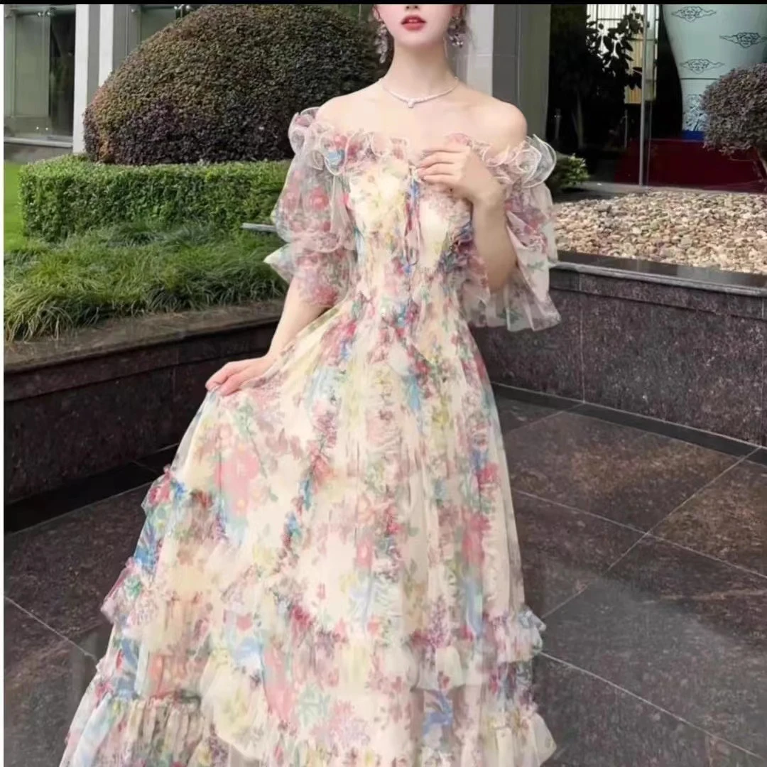 281-290夏新款度假风仙女裙荷叶袖雪纺连衣裙法式浪漫碎花a字裙女