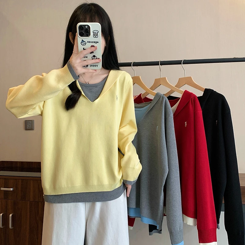 3879大码女装2025春装新款假两件连帽针织衫上衣胖mm宽松显瘦毛衣