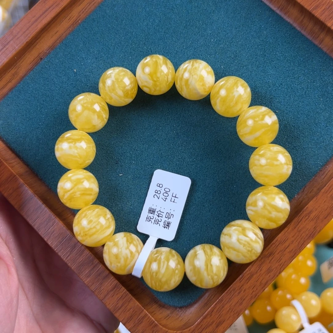 琥珀未镶嵌手链15mm焦皮同料圆珠虎皮纹