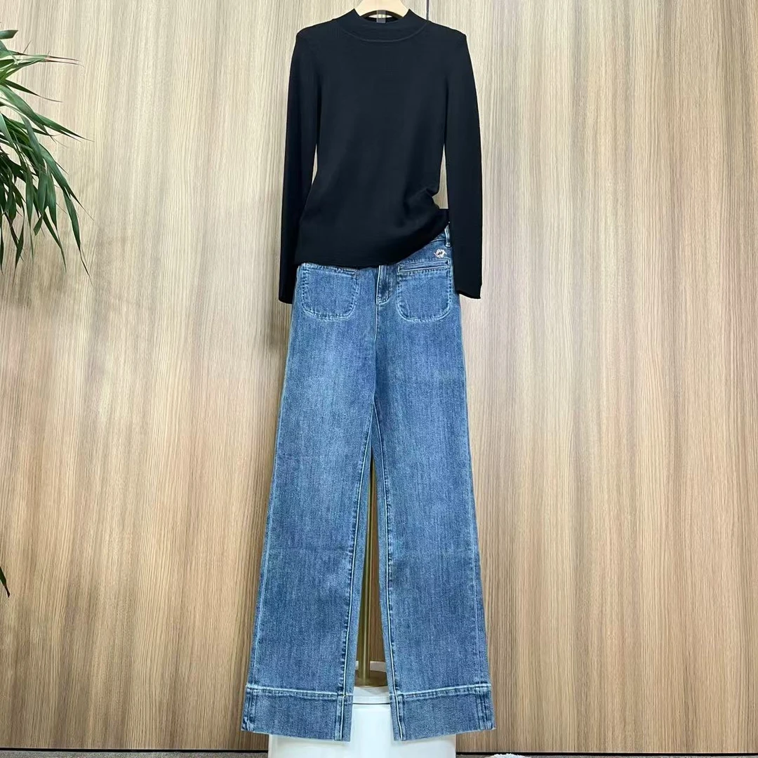 亦素高定款显瘦时尚休闲百搭直筒春季设计师重工水洗女款牛仔裤