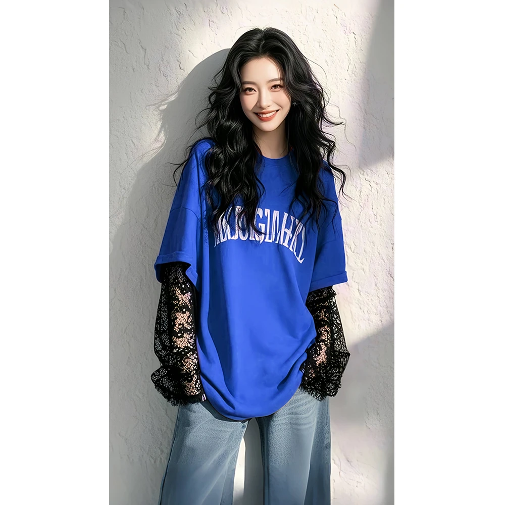 2025新款爆款超好看漂亮上衣蓝色蕾丝欧若风假两件长袖t恤女春季