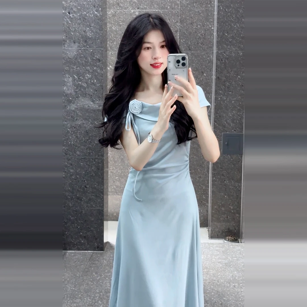 法式蓝色短袖连衣裙子女夏季2025新款爆款高级感掐腰显瘦气质长裙