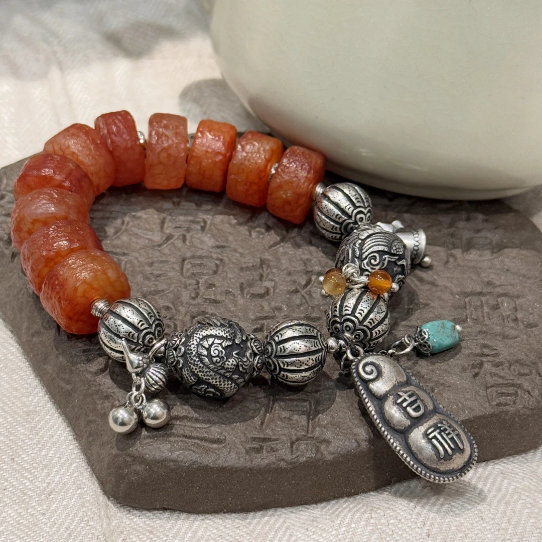 925银手链 <大头姐>S09747 吉祥豌豆龙凤珠葫芦红珠手链