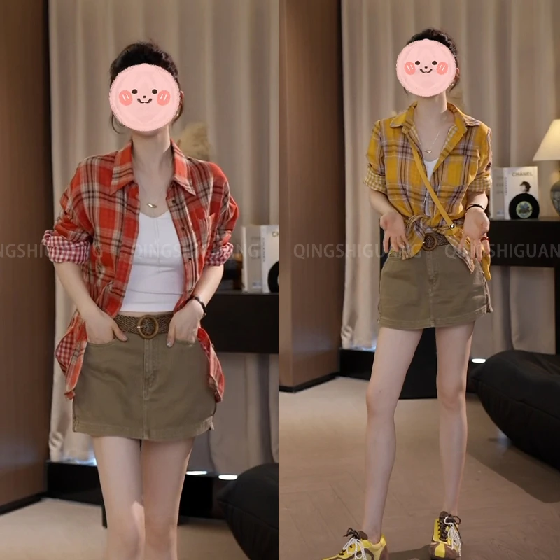 百搭洋气减龄卡其a字裙春款2025新款爆款韩系格子开衫气质连衣裙