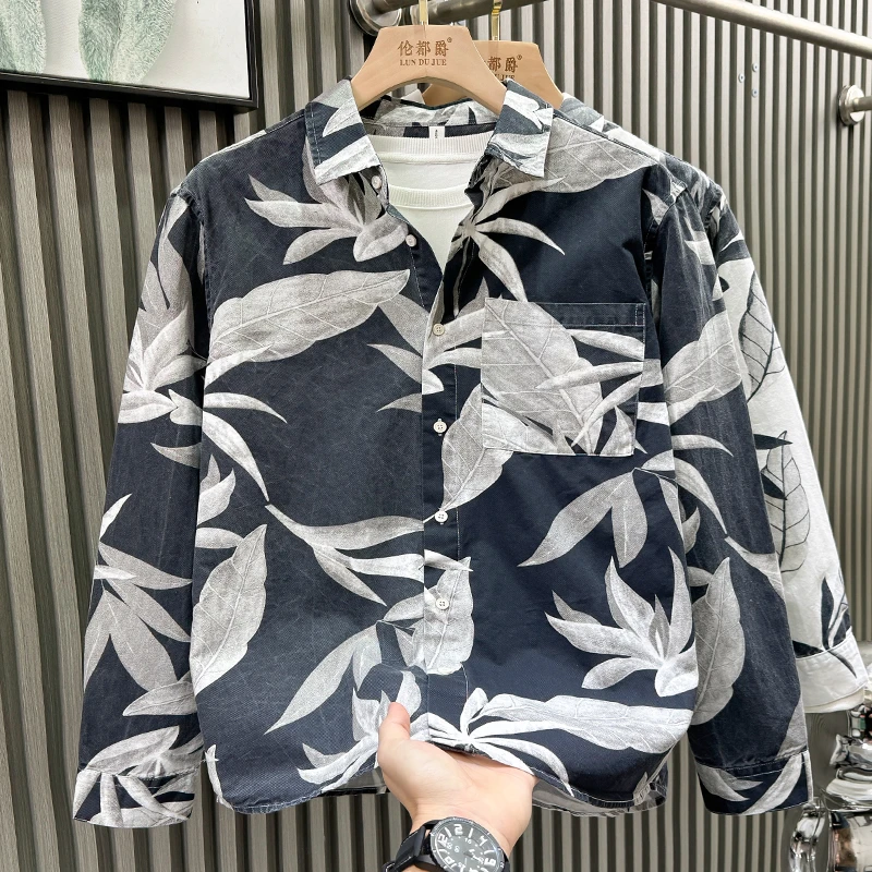 时尚轻奢男装日系潮流印花长袖衬衫春秋新款中式男士百搭休闲衬衣