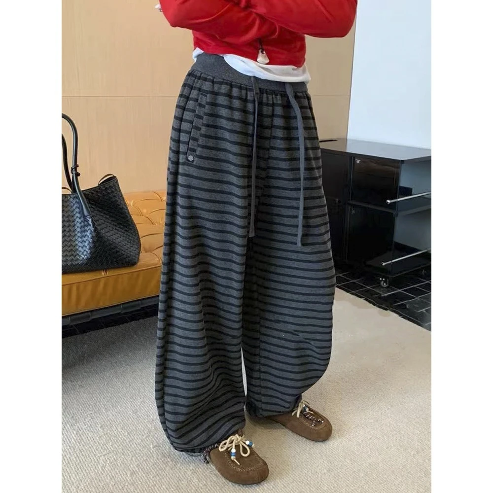 秋冬条纹垂感卫裤阔腿裤女加绒加厚慵懒风韩系宽松弯刀裤休闲裤