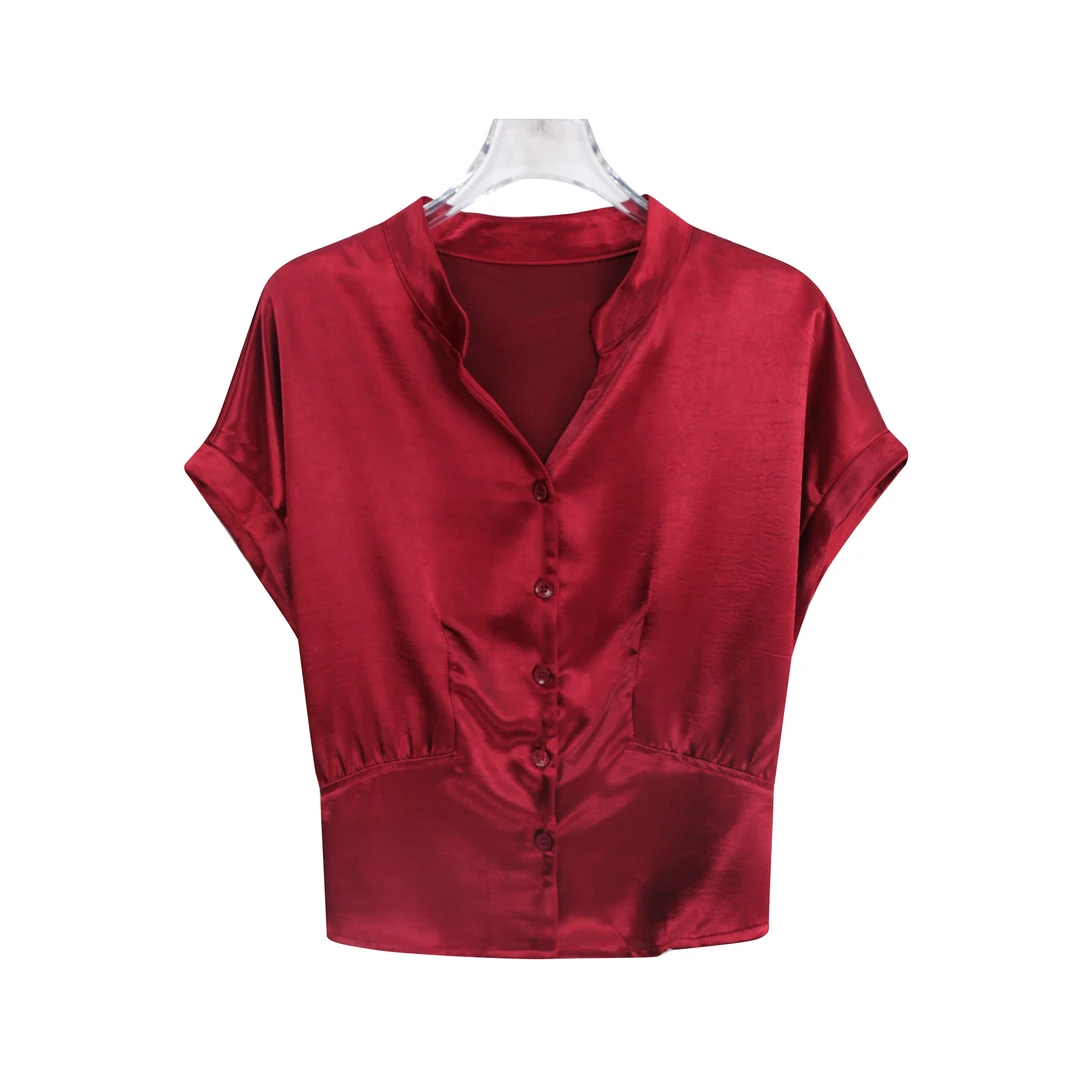 夏季新款时尚百搭V领收腰显瘦短袖衬衫上衣A11416