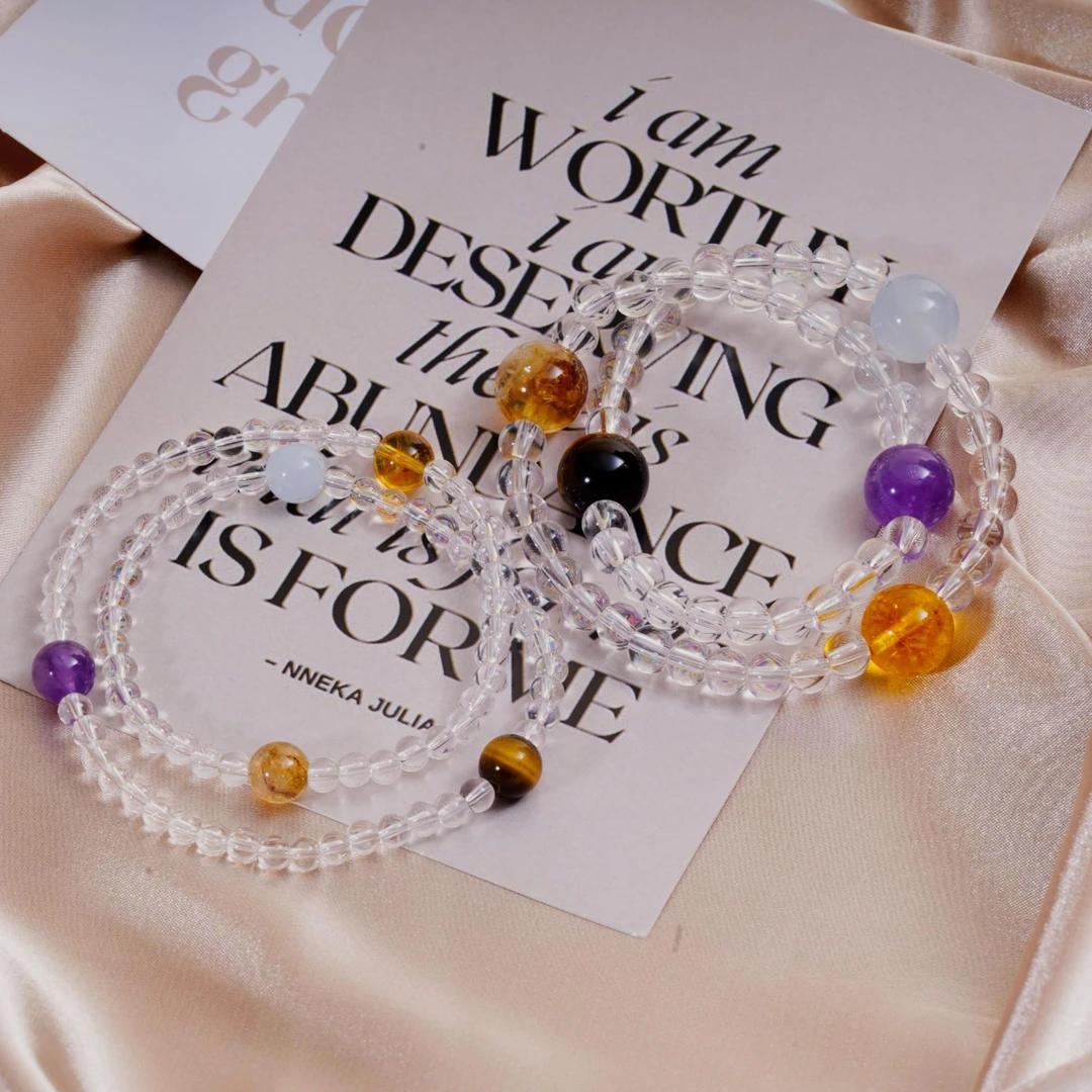 愈灵【天地五行】净体6m白水 搭虎眼黄塔紫水海蓝宝黄水天然石手链