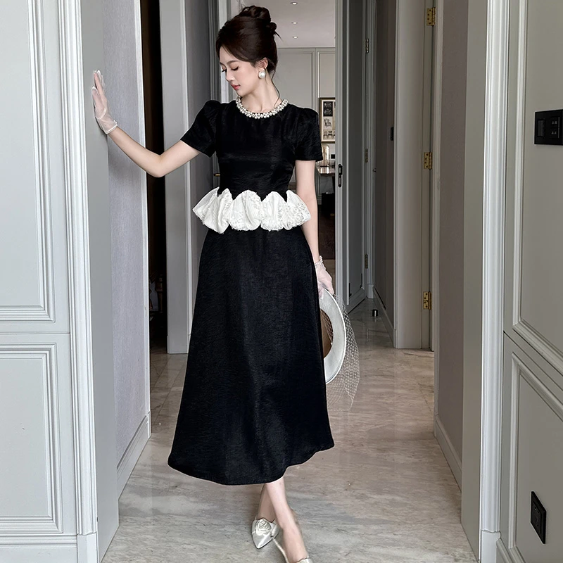 新款赫本风显瘦气质夏季法式收腰泡拼接连衣裙45180