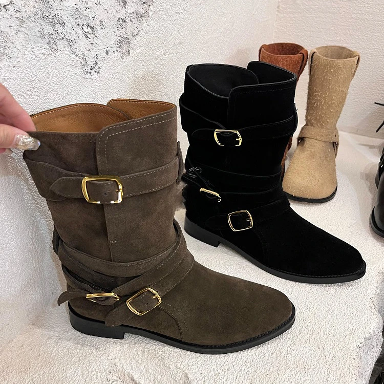 复古百搭中筒靴一脚蹬搭扣西部牛仔马丁靴圆头宽筒显瘦粗跟骑士靴