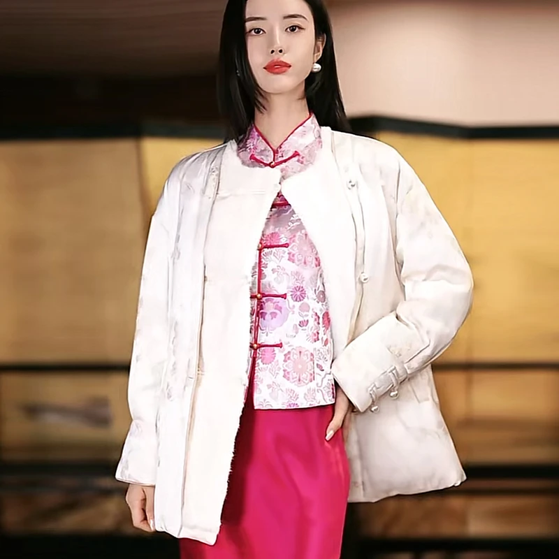 复古日记桑蚕丝中式中国风宽松羽绒服24HR159