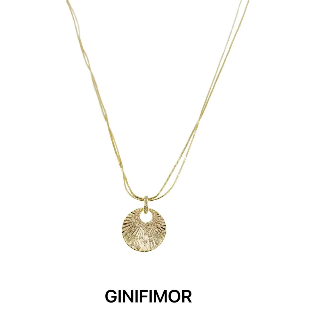 GINIFIMOR 铜合金项链 a672 轻奢圆牌项链女镶钻双层链条毛衣链