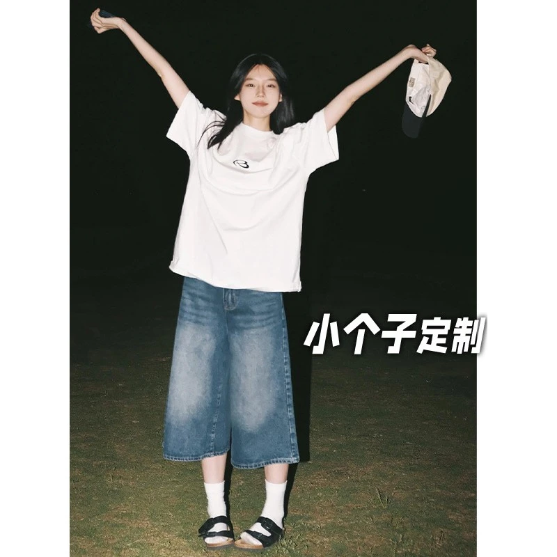 150小矮个子复古水洗牛仔七分裤女秋季美式直筒高腰阔腿显瘦中裤