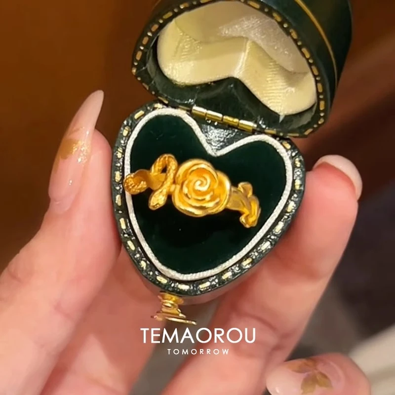 铜合金戒指 金色灵蛇玫瑰缠绕开口戒指女款本命年生肖食指戒指环