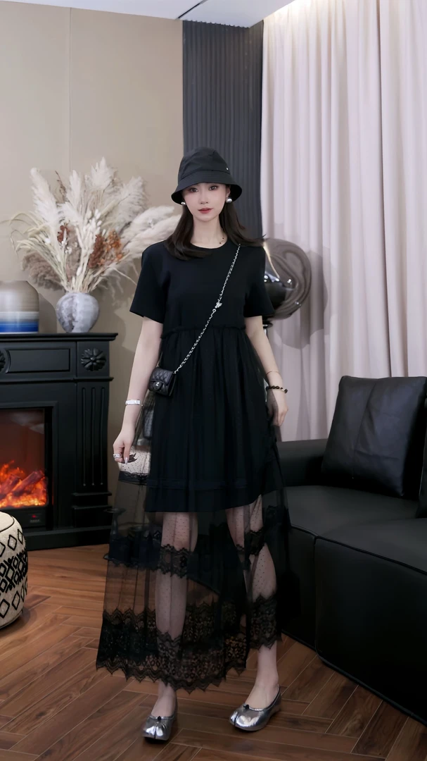 设计师原创【蕾丝裙】休闲百搭时尚简约宽松舒适网纱连衣裙Z252013