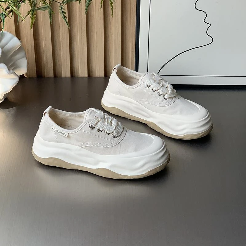 秋季增高帆布鞋女2025夏季新款韩版百搭女鞋透气系带休闲运动板鞋