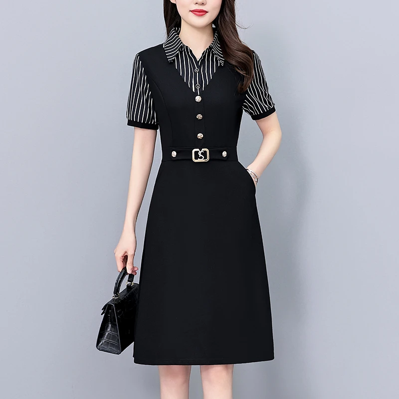 条纹拼接假两件套大码女装胖mm气质短袖连衣裙夏季新款阔太太显瘦