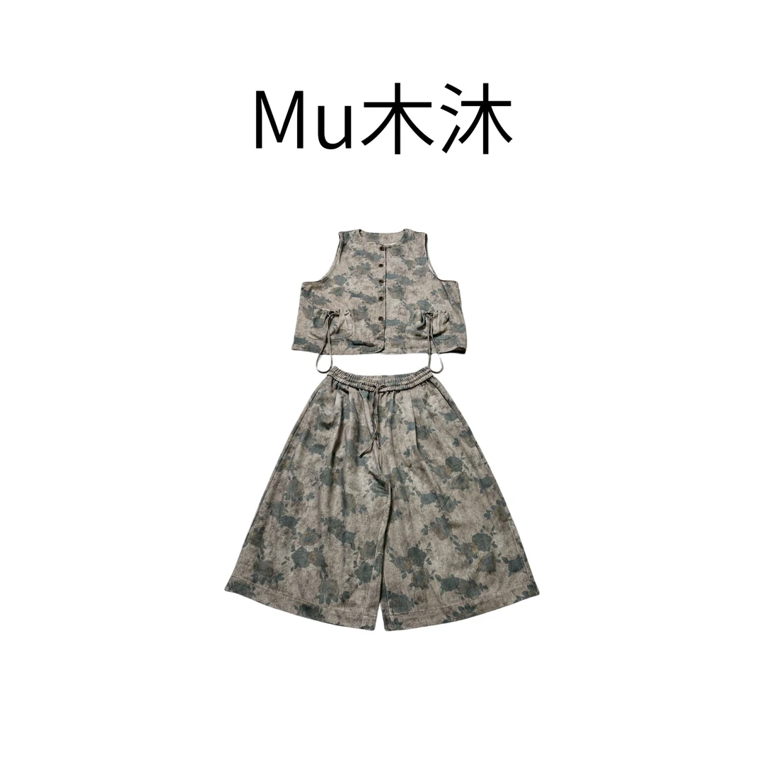 Mu木沐♠新品复古印花双口袋牛仔马甲抽绳印花阔腿裤套装