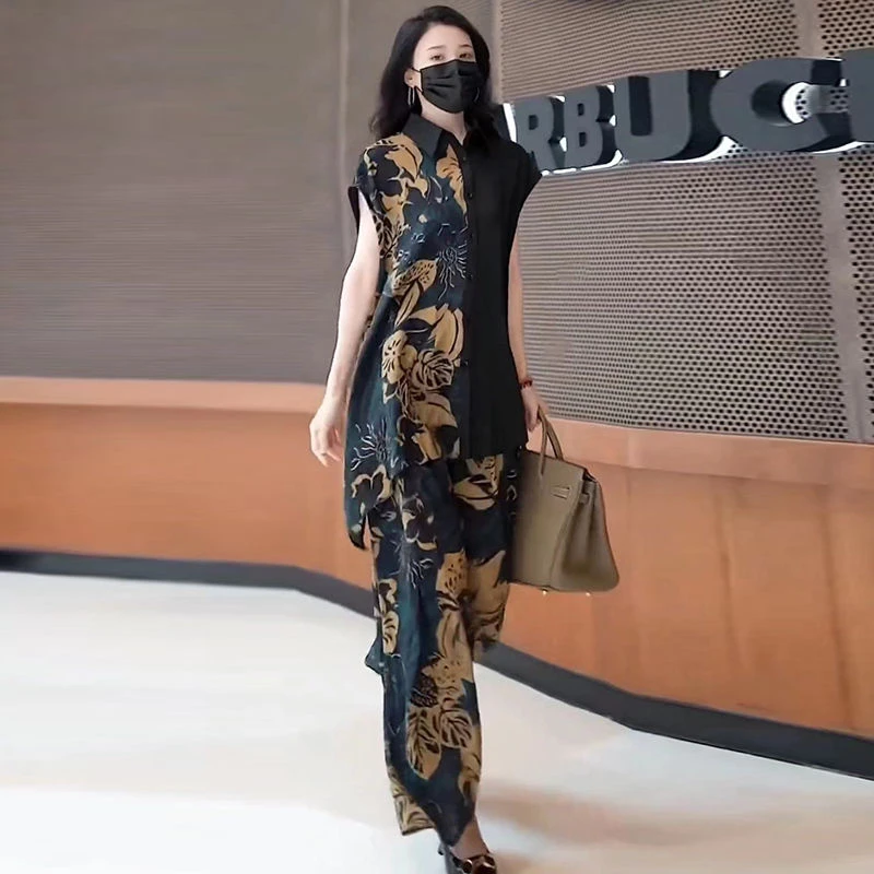 【6683人收藏】桑蚕丝套装夏季新款苎麻拼接真丝衬衫+阔腿裤宽松