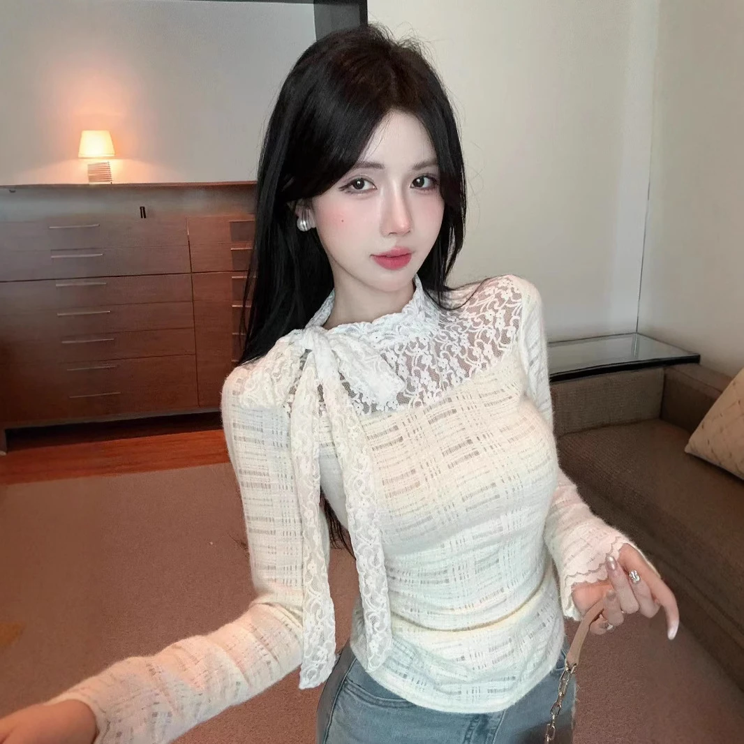 气质长袖镂空法式设计感网红时尚修身重工拼接上衣2025春秋高级感