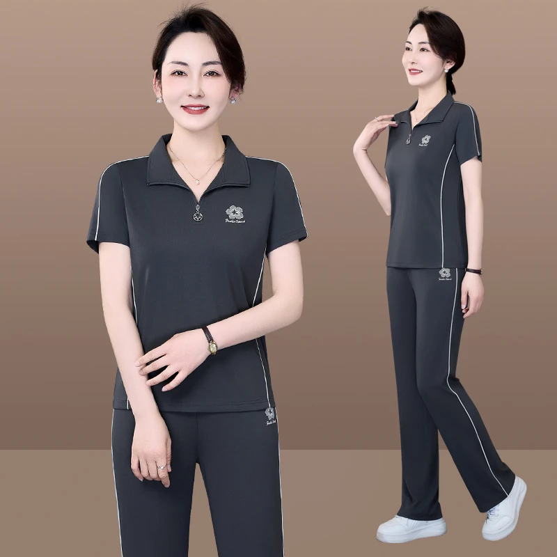 恩狐中年妈妈夏装运动服套装洋气新款中老年女夏季短袖T恤两件套