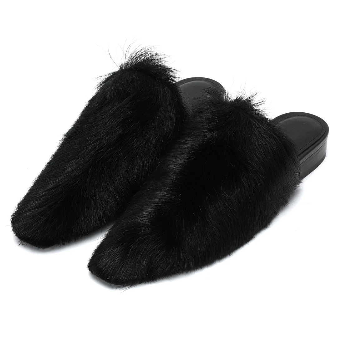 FERRAGAMO 秋冬款女士黑色毛毛半拖时尚拖鞋0766413