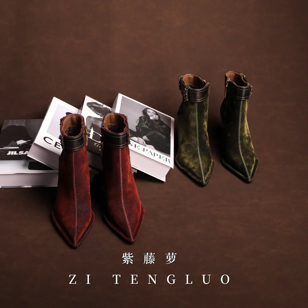 ZiTengLuo/25年早冬新款尖头时尚女高跟短靴1514-1
