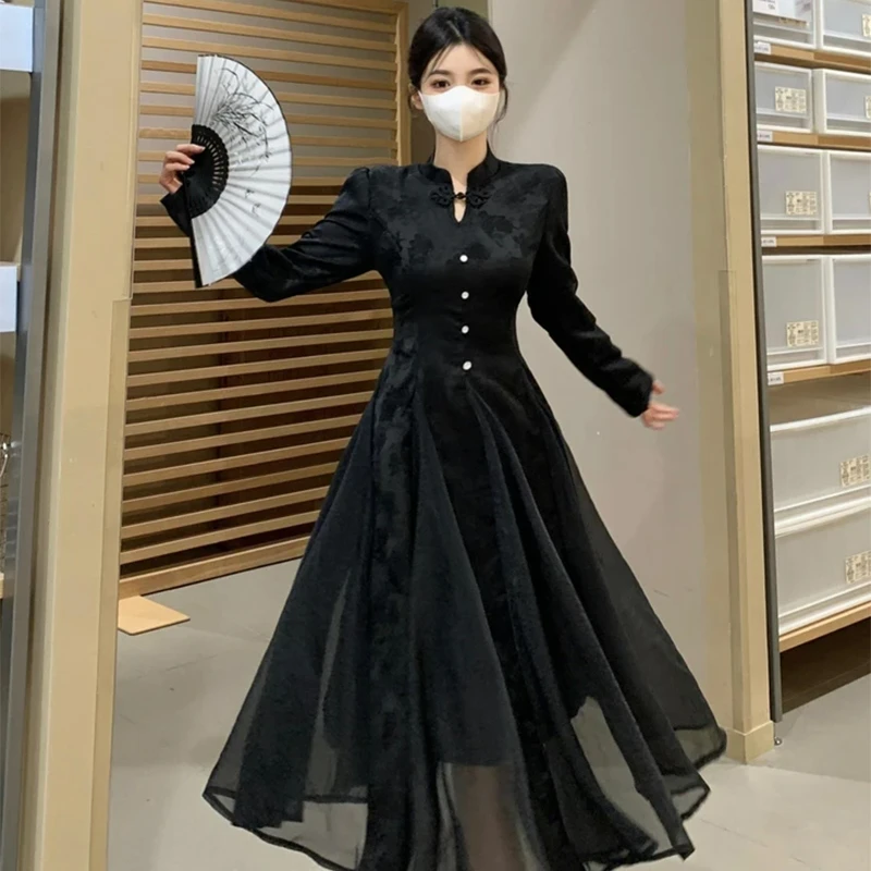 【有里布】大码女装新中式复古网纱拼接连衣裙高级感国风气质D0316