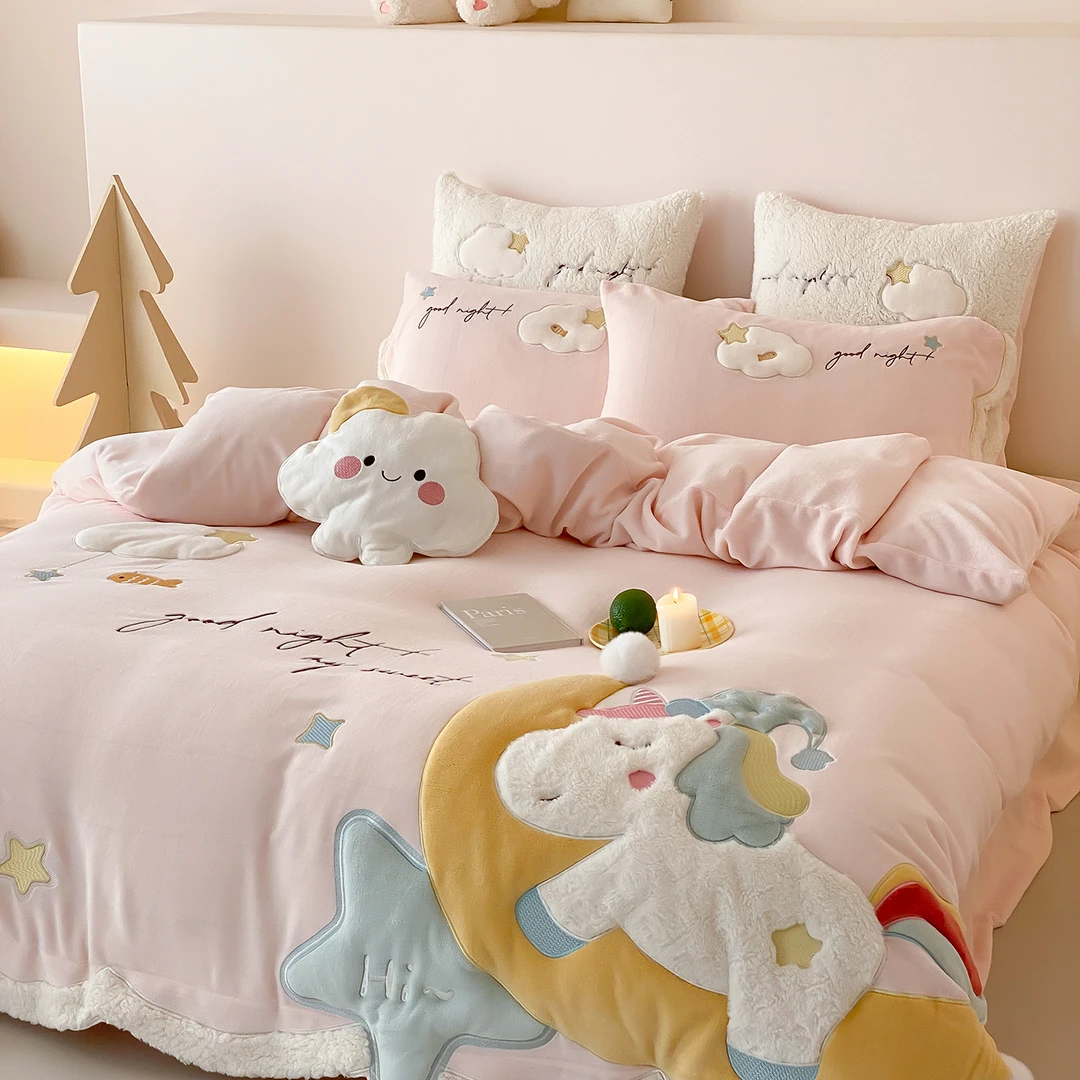 卡通可爱小马冬季加厚牛奶绒四件套儿童珊瑚绒被套少女公主风床品