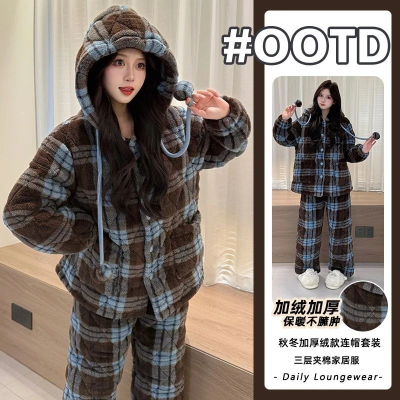 长毛绒2025冬季睡衣女三层夹棉珊瑚绒加绒加厚大码保暖家居服套装