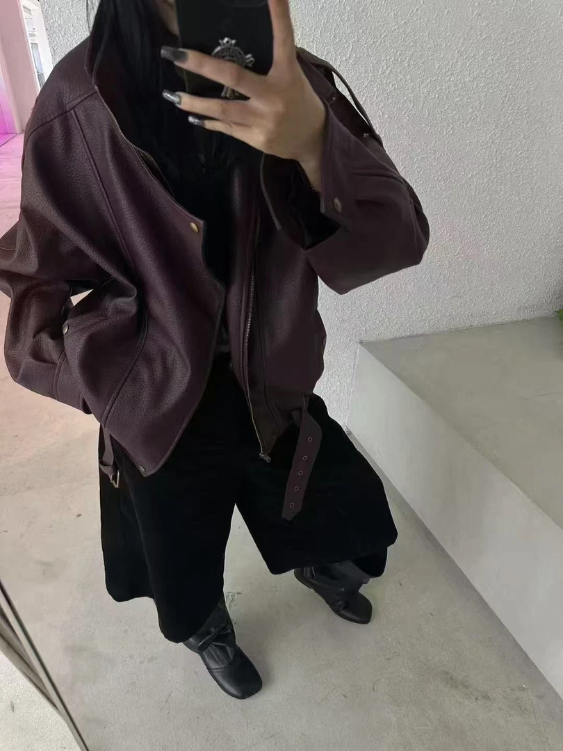 EH【澜】秋冬季显瘦百搭复古皮衣网红时尚气质PU外套 W9773