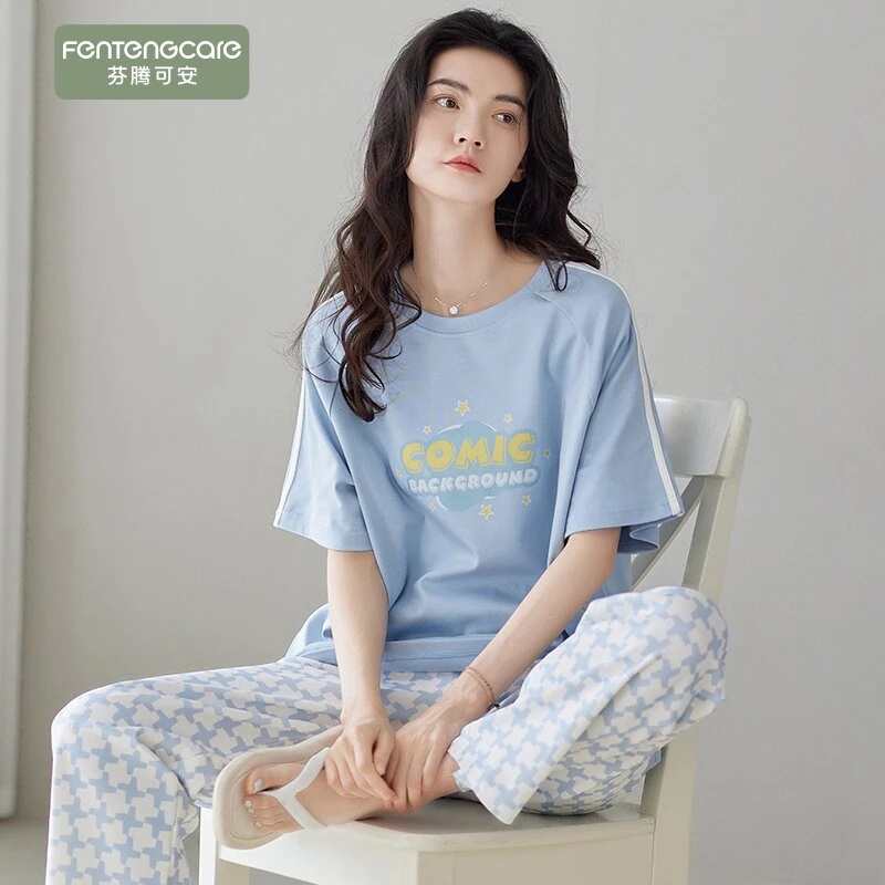 芬腾可安夏季薄款睡衣女新款纯棉短袖长裤全棉新款少女家居服套装