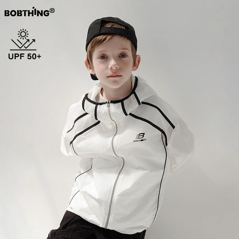 男童夏装黑边装饰白色防晒衣轻薄透气外套儿童连帽空调开衫潮童装