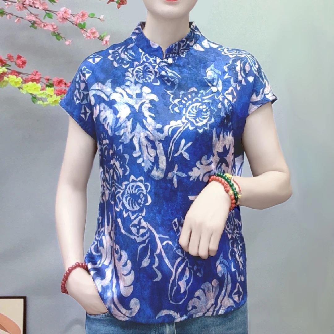 夏季薄款新中式改良版衬衫短袖T恤女装国风高级感盘扣立领上衣