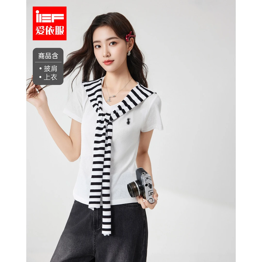 IEF/爱依服T恤2025夏季新款韩版复古休闲高智风通勤气质百搭上衣