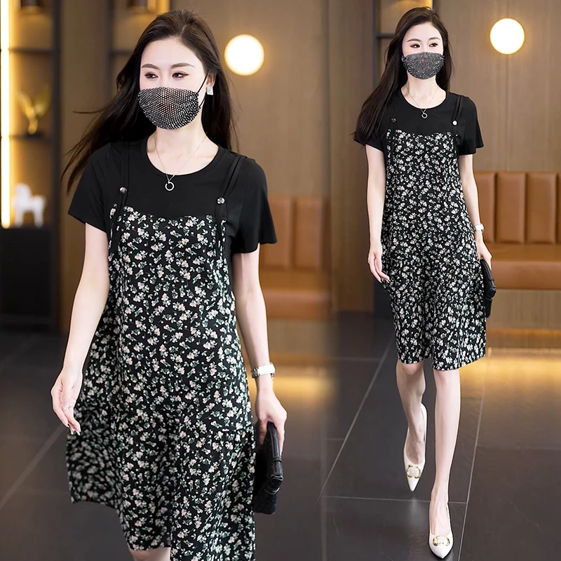 时尚A字裙春夏套头 高腰连衣裙2025夏季新款假两件显瘦洋气长裙子