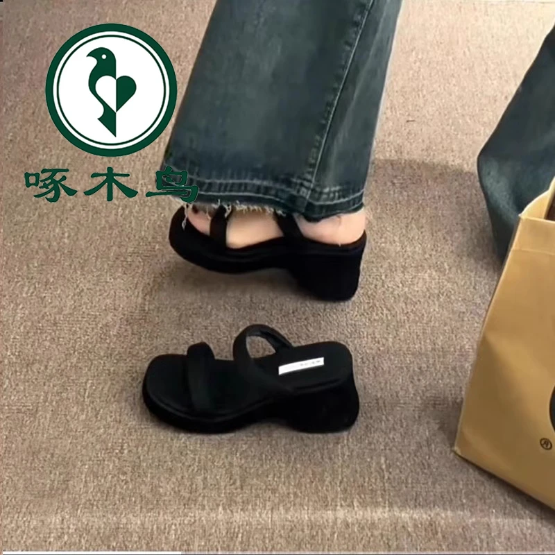 啄木鸟韩国厚底增高拖鞋女夏超火外穿2025新款小个子坡跟高跟凉鞋