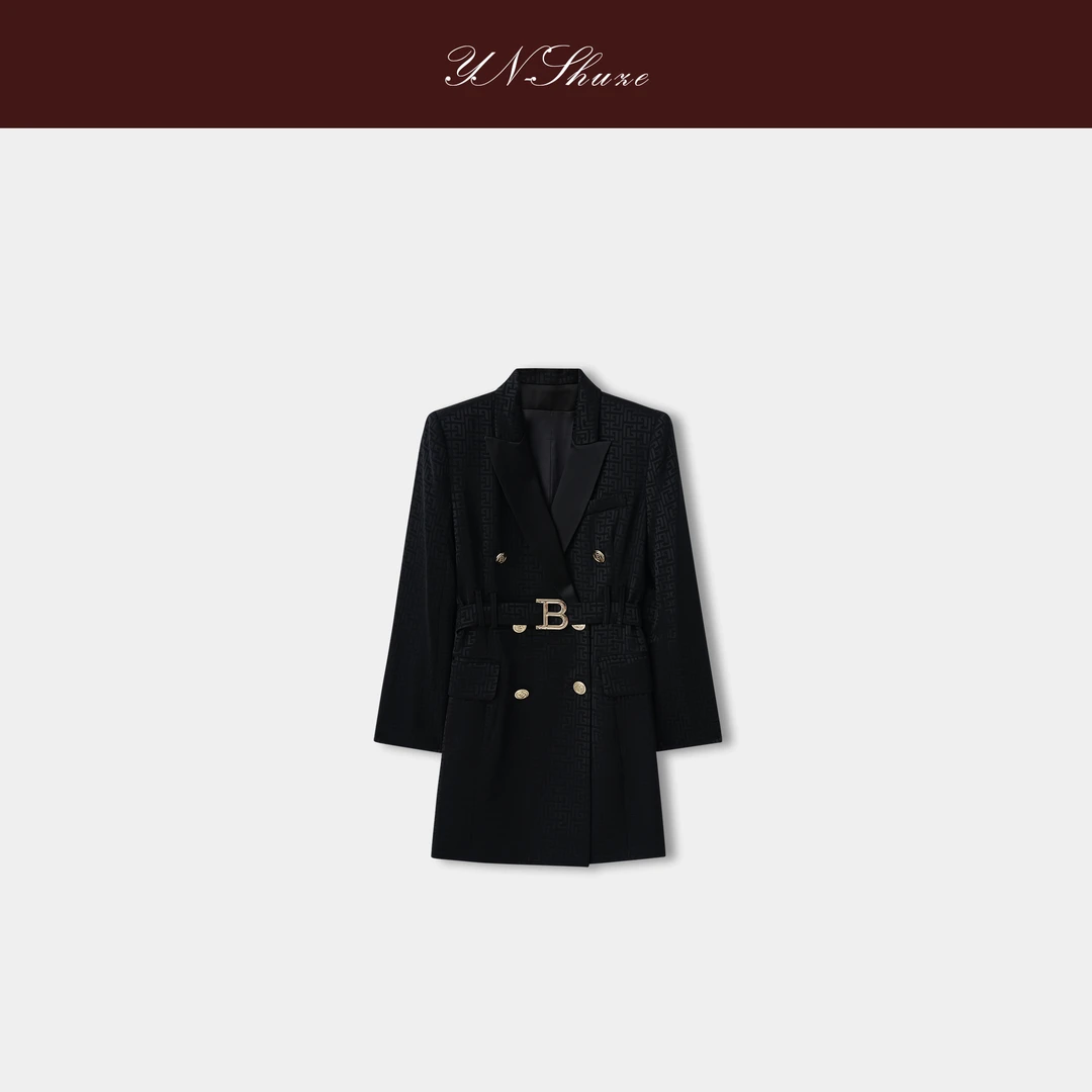 YN-SHUZE【巴曼香颂】设计师翻领双排扣束腰提花外套SZ-YNC-2025405