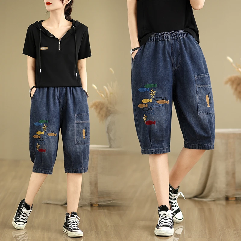 薄款五分牛仔裤女2025夏季文艺休闲刺绣遮肚松紧腰哈伦裤直筒中裤