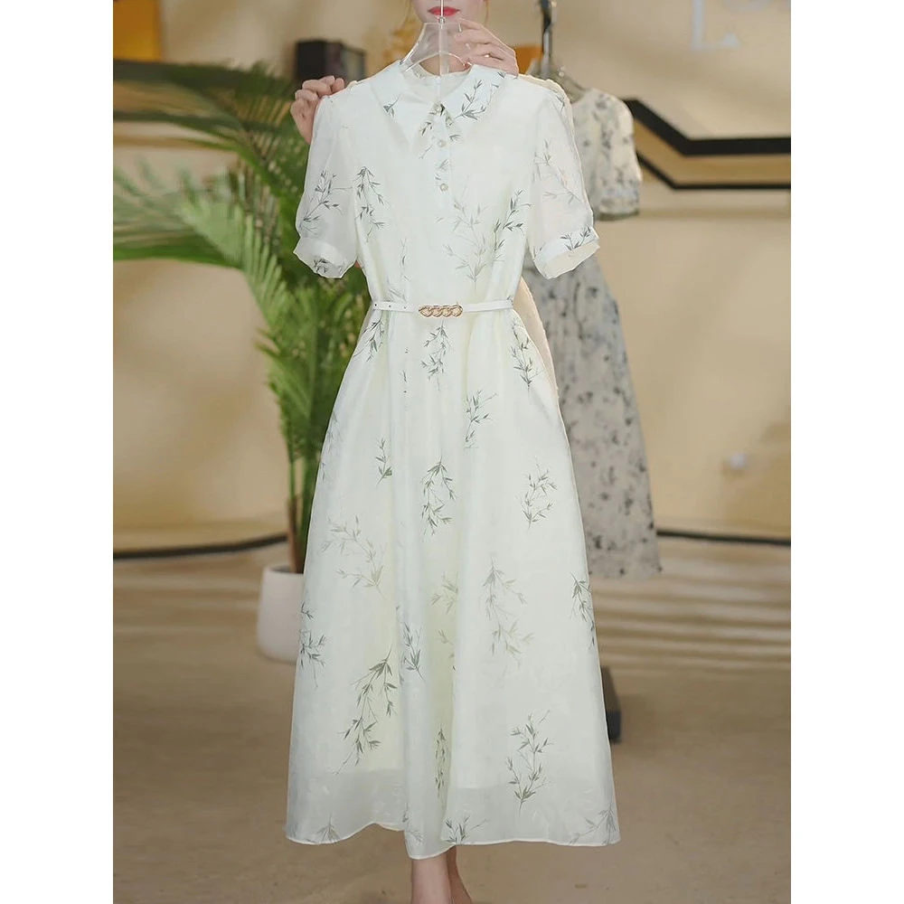 送腰带!高贵典雅森系碎花a字裙夏季新款通勤polo领短袖连衣裙裙子