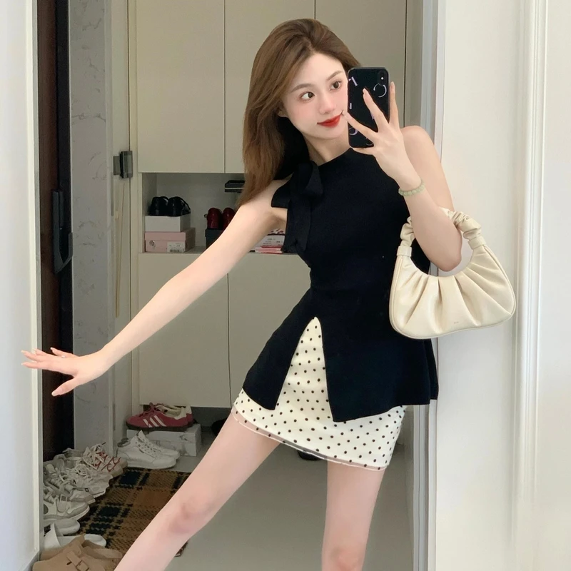 2025夏季新款辣妹性感挂脖背心设计感小众上衣洋气波点半身裙套装