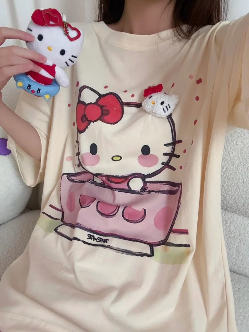 可爱风薄款宽松短袖kitty蝴蝶结睡衣女春夏新款不规则长裤家居服