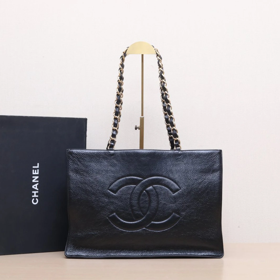 95新 Chanel/香奈儿 【黑黑】黑色 30开 金扣 大LOGO TOTE购物袋