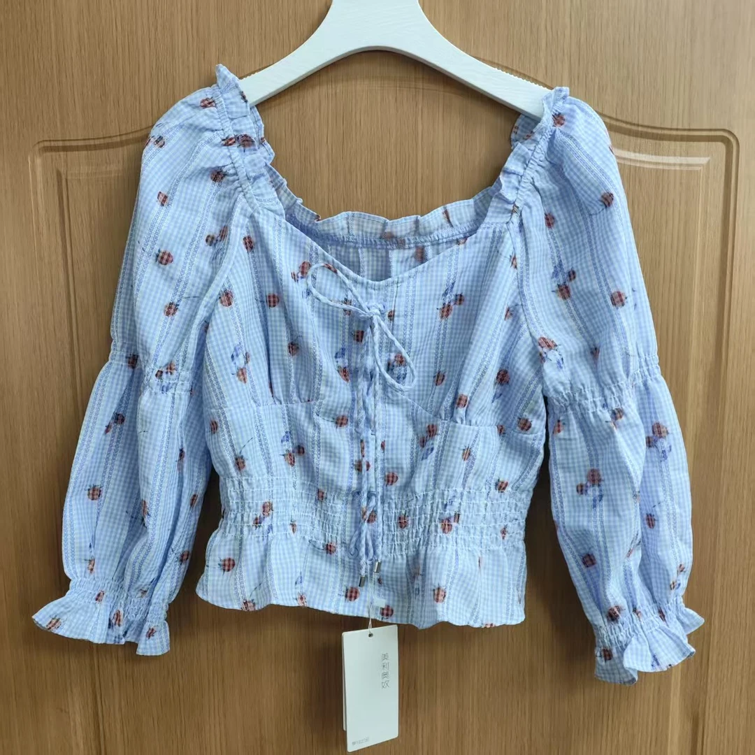 法式小清新草莓碎花格子修身上衣绑带洋气小衫73045(B20-3)