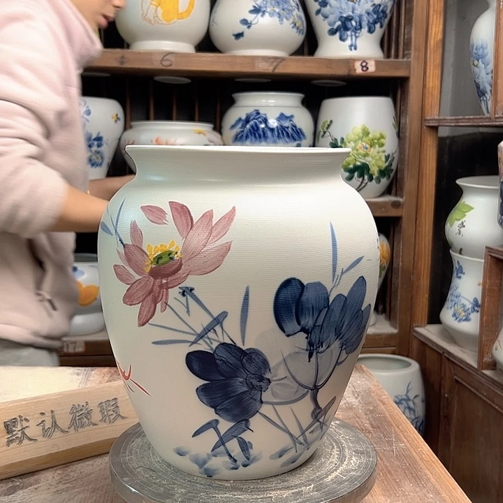 陶高26口18.5青花荷花陶瓷