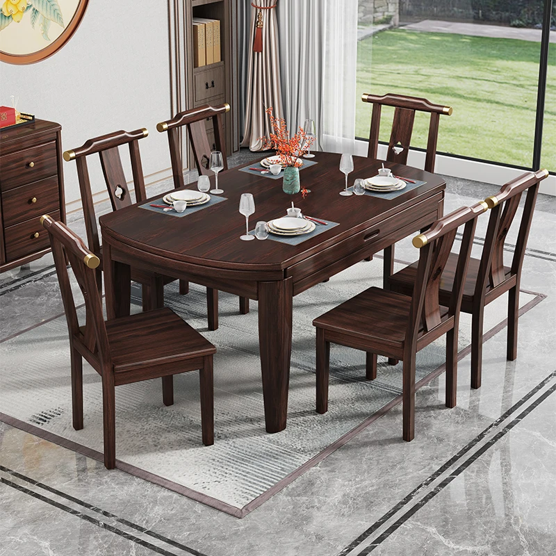 新中式岩板折叠餐桌实木伸缩餐桌椅组合紫金檀木家用方圆饭桌470