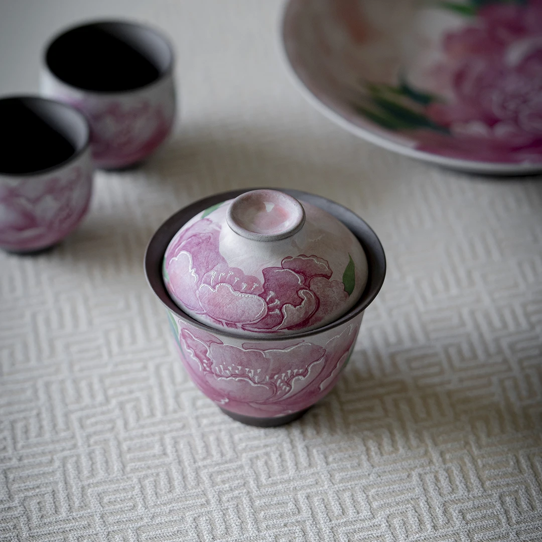 老岩泥手绘牡丹二才盖碗复古家用陶瓷泡茶碗女士高档中式功夫茶具